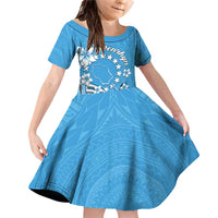 Personalised Penrhyn Gospel Day Family Matching Off Shoulder Short Dress and Hawaiian Shirt Cook Islands Tribal Pattern LT05 Daughter's Dress Blue - Polynesian Pride