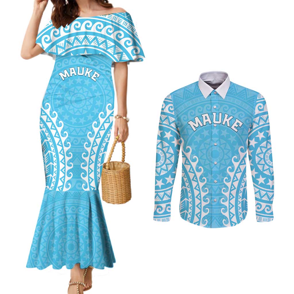 Custom Cook Islands Mauke Couples Matching Mermaid Dress and Long Sleeve Button Shirt Polynesian Tribal Tattoo