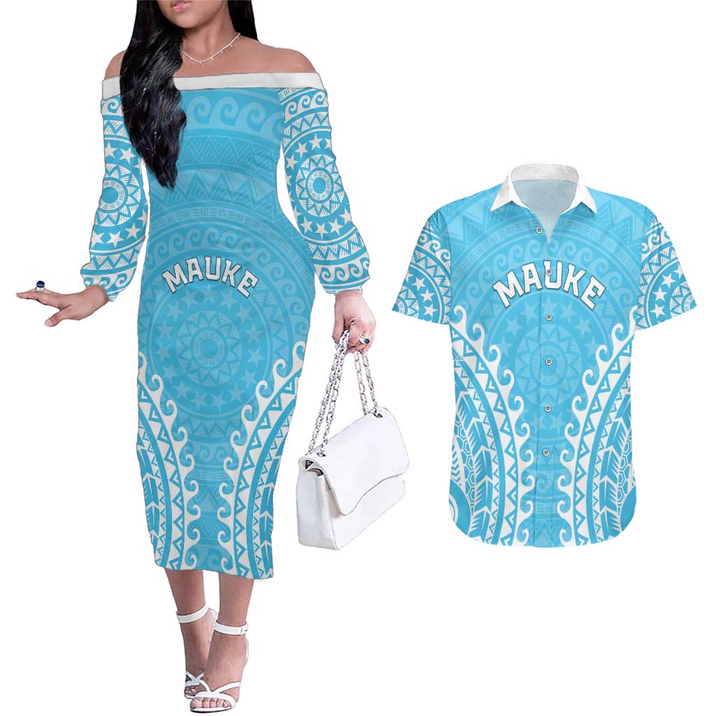 Custom Cook Islands Mauke Couples Matching Off The Shoulder Long Sleeve Dress and Hawaiian Shirt Polynesian Tribal Tattoo LT05 Baby Blue - Polynesian Pride