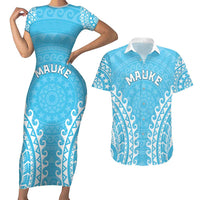 Custom Cook Islands Mauke Couples Matching Short Sleeve Bodycon Dress and Hawaiian Shirt Polynesian Tribal Tattoo LT05 Baby Blue - Polynesian Pride