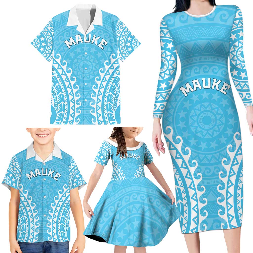 Custom Cook Islands Mauke Family Matching Long Sleeve Bodycon Dress and Hawaiian Shirt Polynesian Tribal Tattoo LT05 - Polynesian Pride