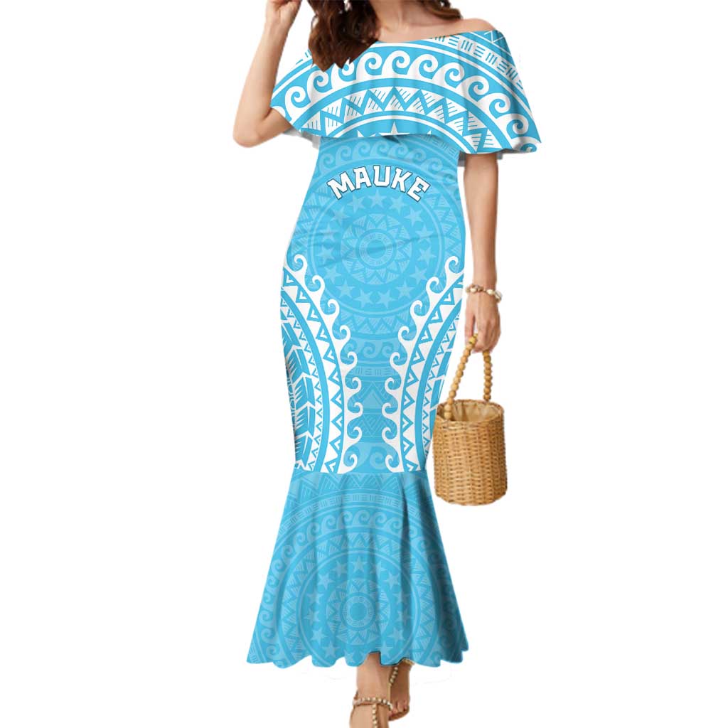 Custom Cook Islands Mauke Family Matching Mermaid Dress and Hawaiian Shirt Polynesian Tribal Tattoo LT05 Mom's Dress Baby Blue - Polynesian Pride