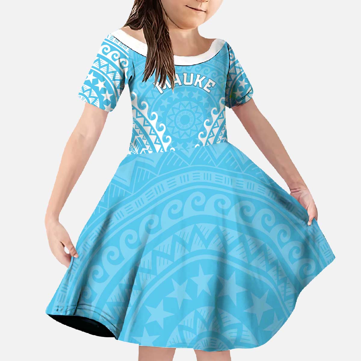 Custom Cook Islands Mauke Family Matching Off The Shoulder Long Sleeve Dress and Hawaiian Shirt Polynesian Tribal Tattoo LT05 Daughter's Dress Baby Blue - Polynesian Pride