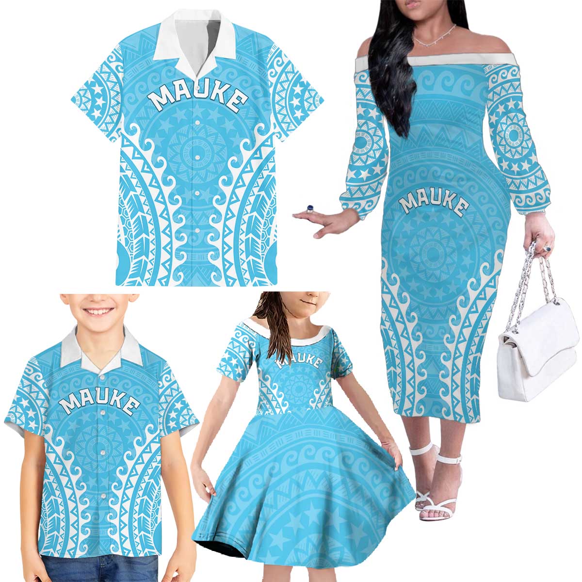 Custom Cook Islands Mauke Family Matching Off The Shoulder Long Sleeve Dress and Hawaiian Shirt Polynesian Tribal Tattoo LT05 - Polynesian Pride