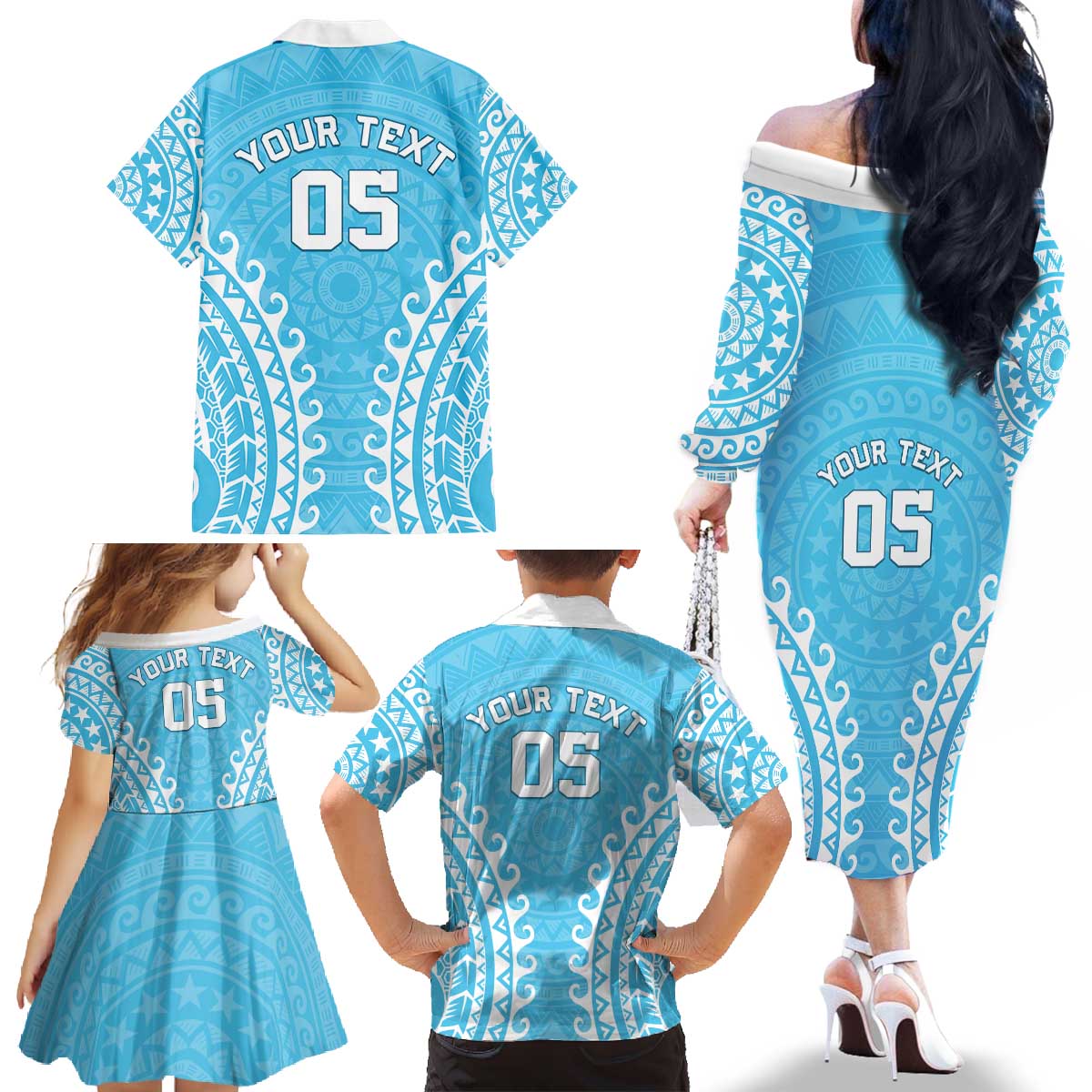 Custom Cook Islands Mauke Family Matching Off The Shoulder Long Sleeve Dress and Hawaiian Shirt Polynesian Tribal Tattoo LT05 - Polynesian Pride