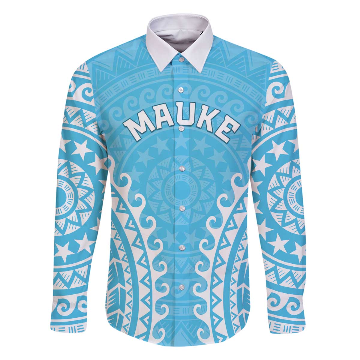 Custom Cook Islands Mauke Family Matching Off The Shoulder Long Sleeve Dress and Hawaiian Shirt Polynesian Tribal Tattoo LT05 Dad's Shirt - Long Sleeve Baby Blue - Polynesian Pride