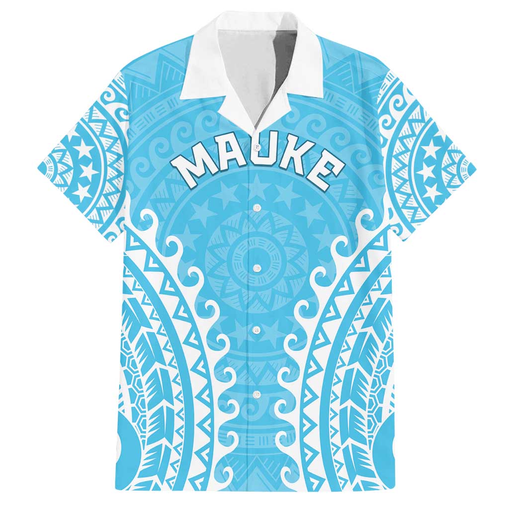 Custom Cook Islands Mauke Family Matching Off Shoulder Maxi Dress and Hawaiian Shirt Polynesian Tribal Tattoo LT05 Dad's Shirt - Short Sleeve Baby Blue - Polynesian Pride