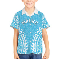 Custom Cook Islands Mauke Family Matching Off Shoulder Maxi Dress and Hawaiian Shirt Polynesian Tribal Tattoo LT05 Son's Shirt Baby Blue - Polynesian Pride