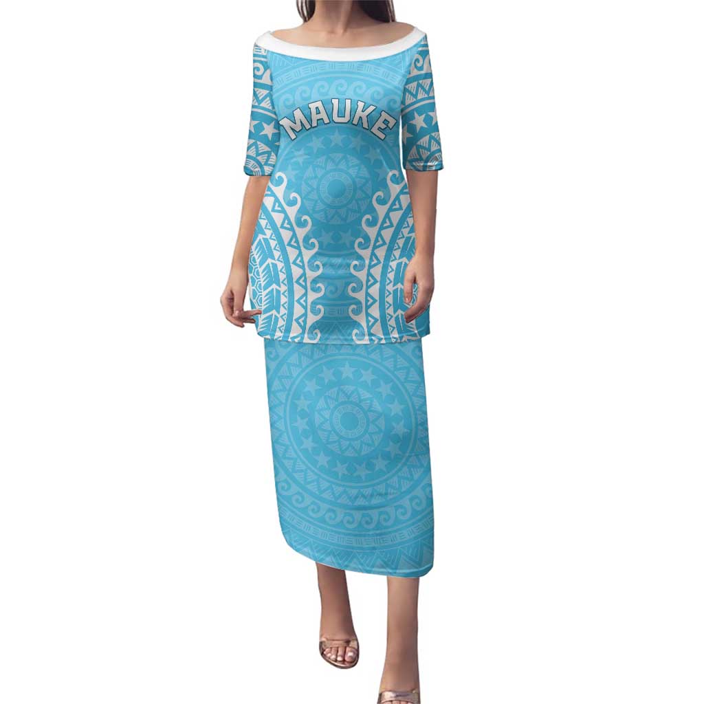 Custom Cook Islands Mauke Family Matching Puletasi and Hawaiian Shirt Polynesian Tribal Tattoo LT05 Mom's Dress Baby Blue - Polynesian Pride