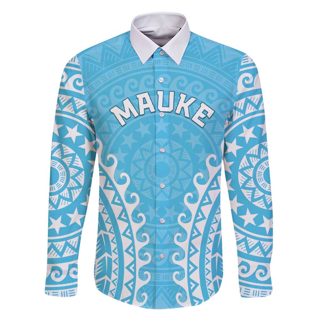 Custom Cook Islands Mauke Family Matching Short Sleeve Bodycon Dress and Hawaiian Shirt Polynesian Tribal Tattoo LT05 Dad's Shirt - Long Sleeve Baby Blue - Polynesian Pride