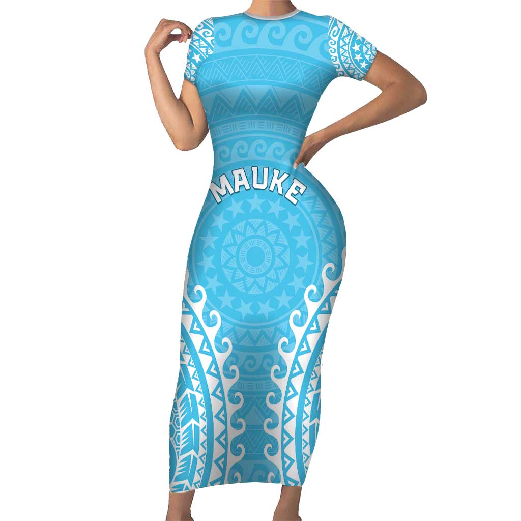 Custom Cook Islands Mauke Family Matching Short Sleeve Bodycon Dress and Hawaiian Shirt Polynesian Tribal Tattoo LT05 Mom's Dress Baby Blue - Polynesian Pride