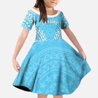 Custom Cook Islands Mauke Family Matching Summer Maxi Dress and Hawaiian Shirt Polynesian Tribal Tattoo LT05 Daughter's Dress Baby Blue - Polynesian Pride