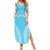 Custom Cook Islands Mauke Family Matching Summer Maxi Dress and Hawaiian Shirt Polynesian Tribal Tattoo LT05 Mom's Dress Baby Blue - Polynesian Pride