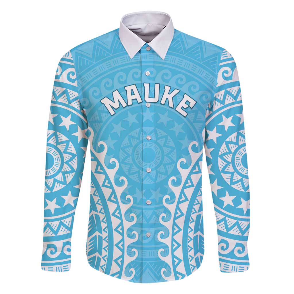 Custom Cook Islands Mauke Family Matching Tank Maxi Dress and Hawaiian Shirt Polynesian Tribal Tattoo LT05 Dad's Shirt - Long Sleeve Baby Blue - Polynesian Pride
