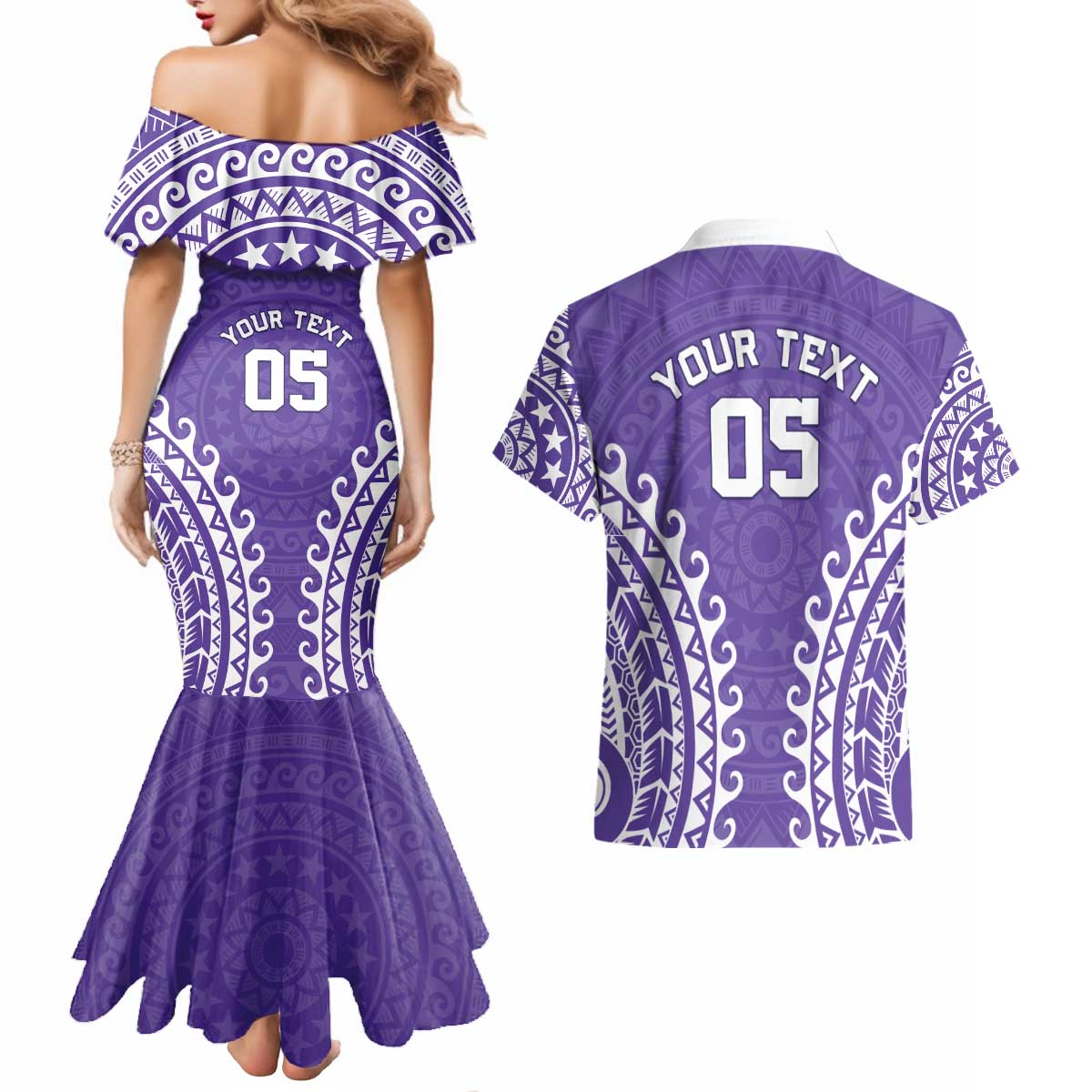 Custom Cook Islands Rarotonga Couples Matching Mermaid Dress and Hawaiian Shirt Polynesian Tribal Tattoo