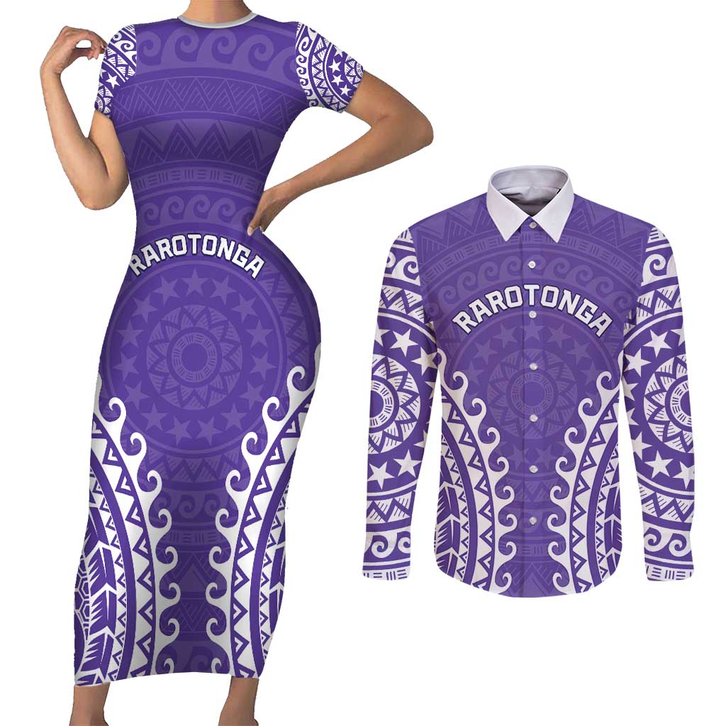 Custom Cook Islands Rarotonga Couples Matching Short Sleeve Bodycon Dress and Long Sleeve Button Shirt Polynesian Tribal Tattoo