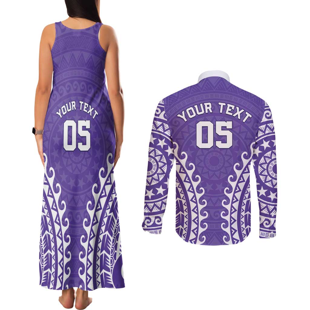 Custom Cook Islands Rarotonga Couples Matching Tank Maxi Dress and Long Sleeve Button Shirt Polynesian Tribal Tattoo