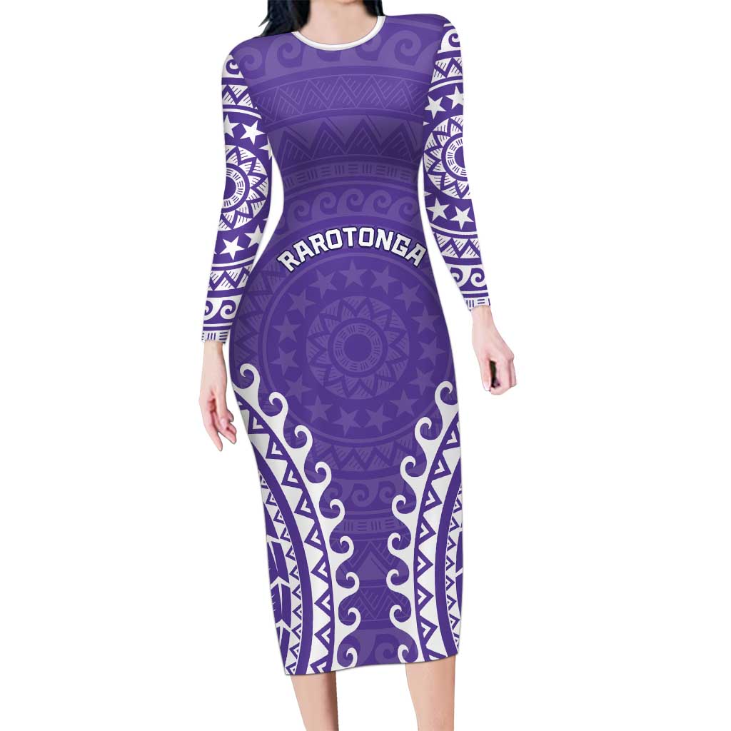 Custom Cook Islands Rarotonga Family Matching Long Sleeve Bodycon Dress and Hawaiian Shirt Polynesian Tribal Tattoo LT05 Mom's Dress Purple - Polynesian Pride