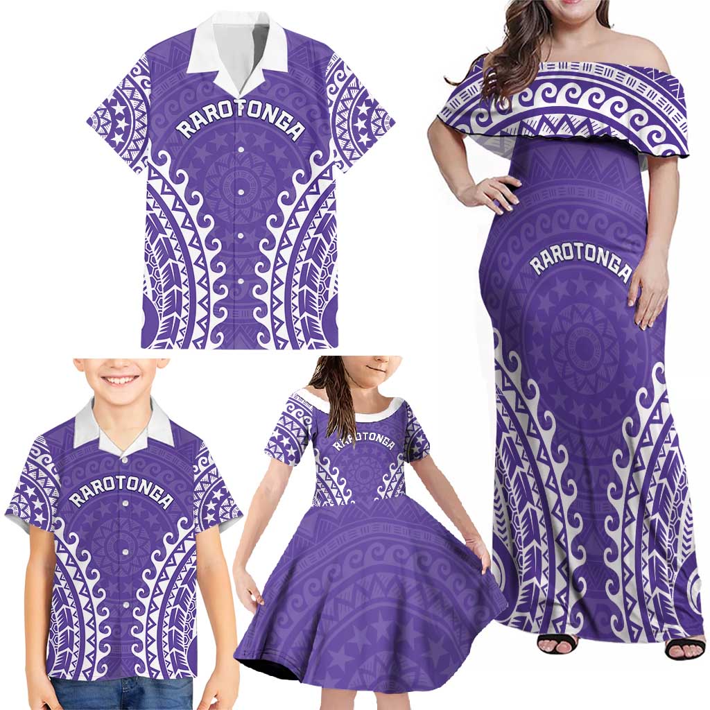 Custom Cook Islands Rarotonga Family Matching Off Shoulder Maxi Dress and Hawaiian Shirt Polynesian Tribal Tattoo LT05 - Polynesian Pride