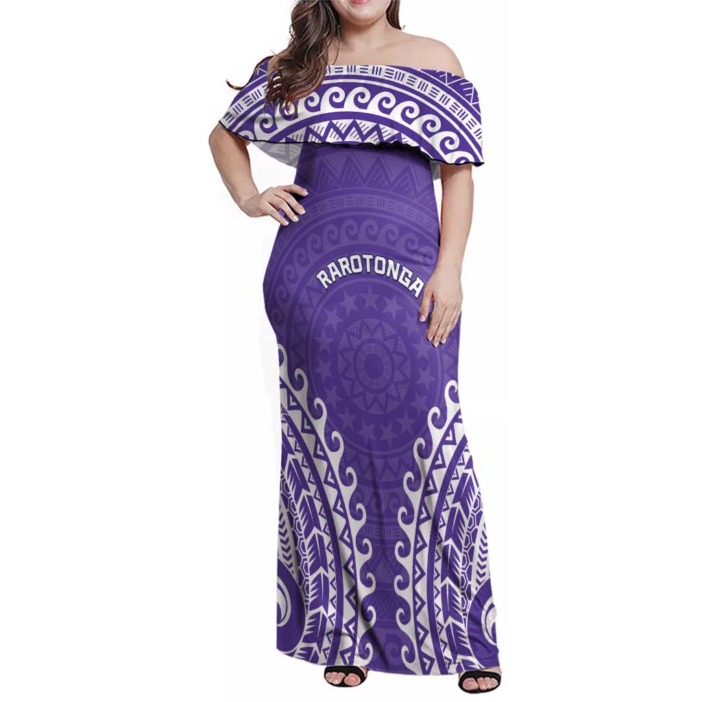 Custom Cook Islands Rarotonga Family Matching Off Shoulder Maxi Dress and Hawaiian Shirt Polynesian Tribal Tattoo LT05 Mom's Dress Purple - Polynesian Pride