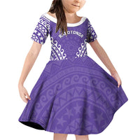 Custom Cook Islands Rarotonga Family Matching Off Shoulder Short Dress and Hawaiian Shirt Polynesian Tribal Tattoo LT05 Daughter's Dress Purple - Polynesian Pride