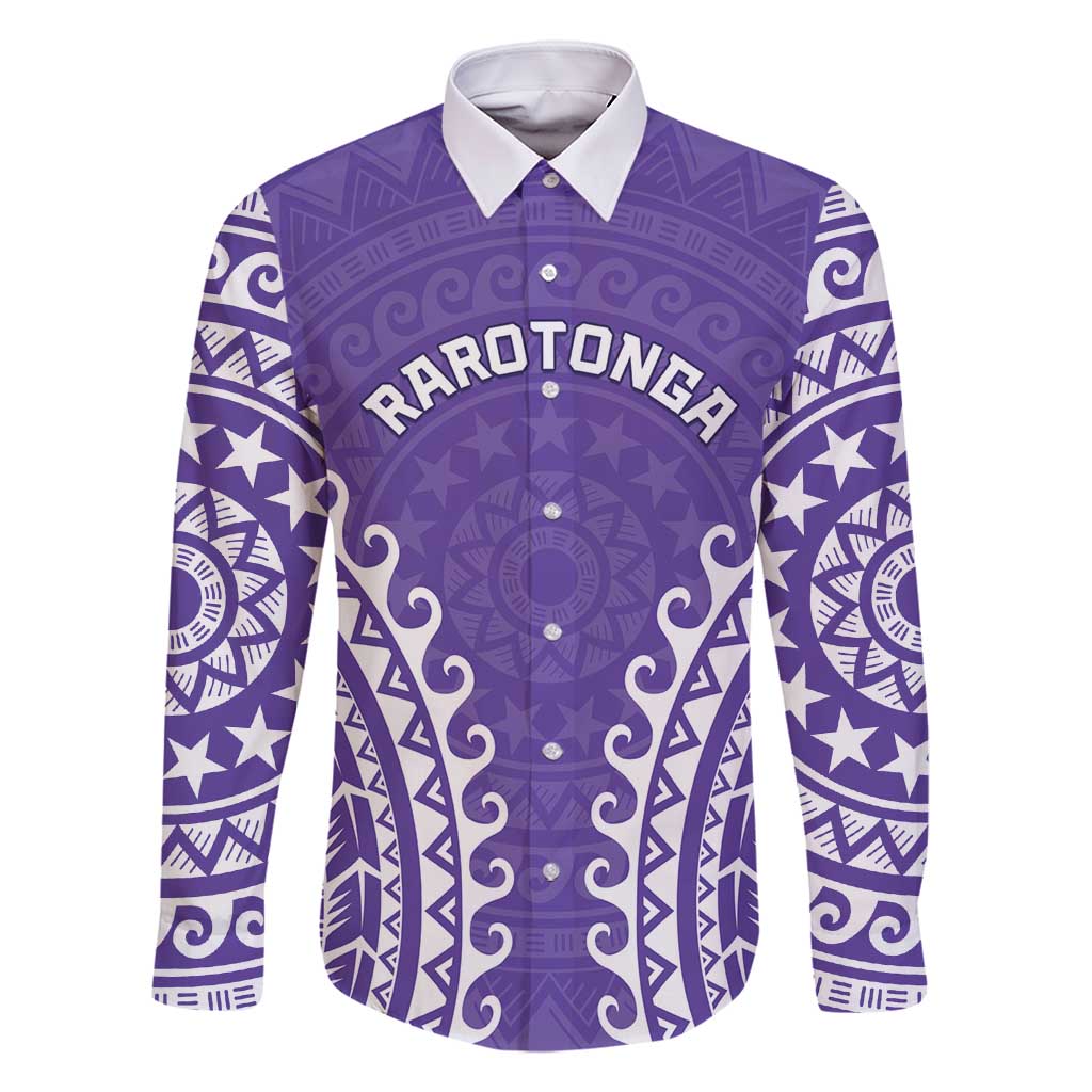 Custom Cook Islands Rarotonga Family Matching Off Shoulder Short Dress and Hawaiian Shirt Polynesian Tribal Tattoo LT05 Dad's Shirt - Long Sleeve Purple - Polynesian Pride