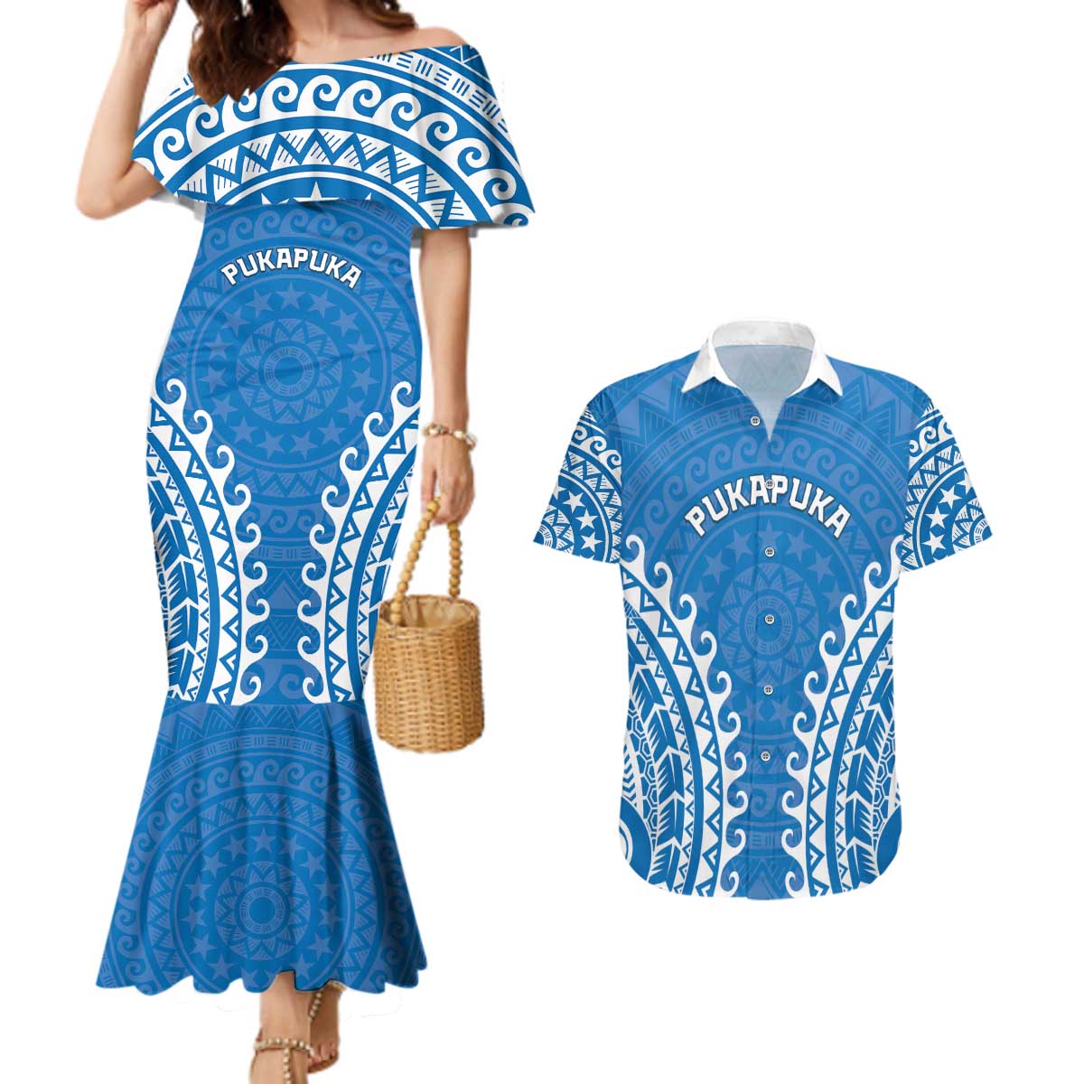 Custom Cook Islands Pukapuka Couples Matching Mermaid Dress and Hawaiian Shirt Polynesian Tribal Tattoo