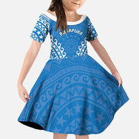 Custom Cook Islands Pukapuka Family Matching Long Sleeve Bodycon Dress and Hawaiian Shirt Polynesian Tribal Tattoo LT05 Daughter's Dress Blue - Polynesian Pride