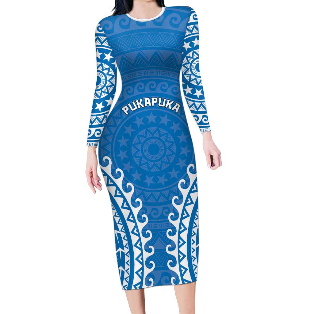 Custom Cook Islands Pukapuka Family Matching Long Sleeve Bodycon Dress and Hawaiian Shirt Polynesian Tribal Tattoo LT05 Mom's Dress Blue - Polynesian Pride