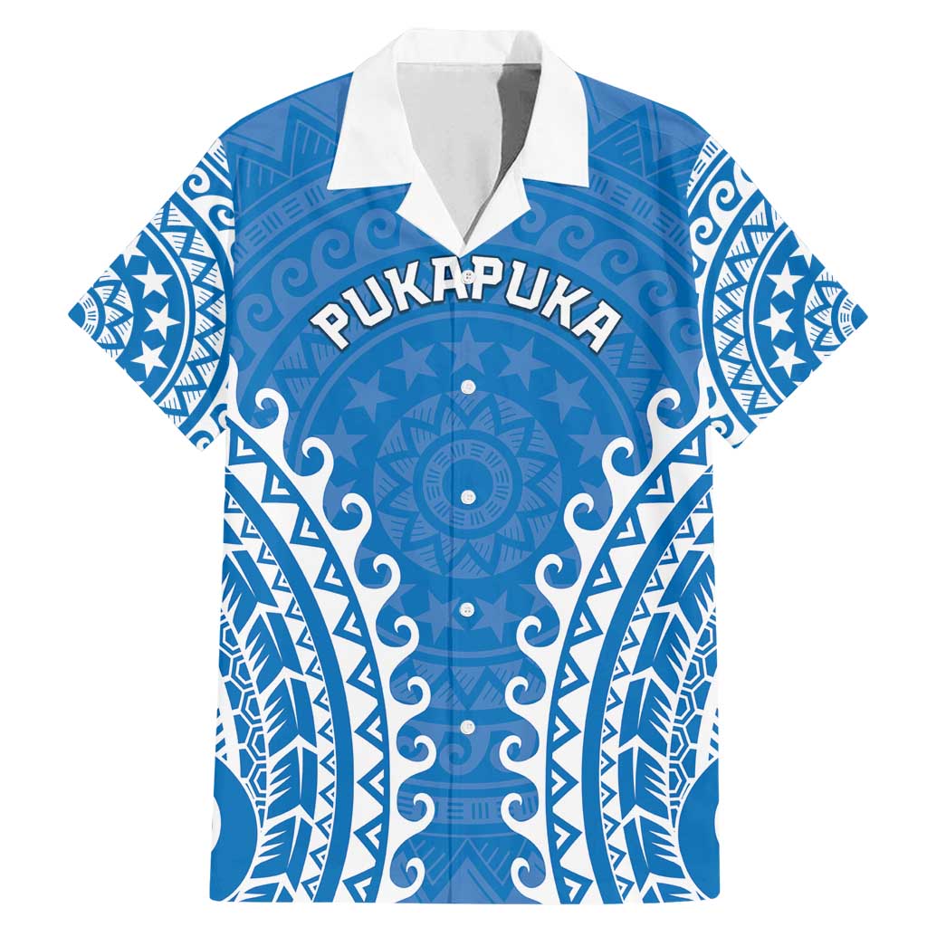 Custom Cook Islands Pukapuka Family Matching Mermaid Dress and Hawaiian Shirt Polynesian Tribal Tattoo LT05 Dad's Shirt - Short Sleeve Blue - Polynesian Pride