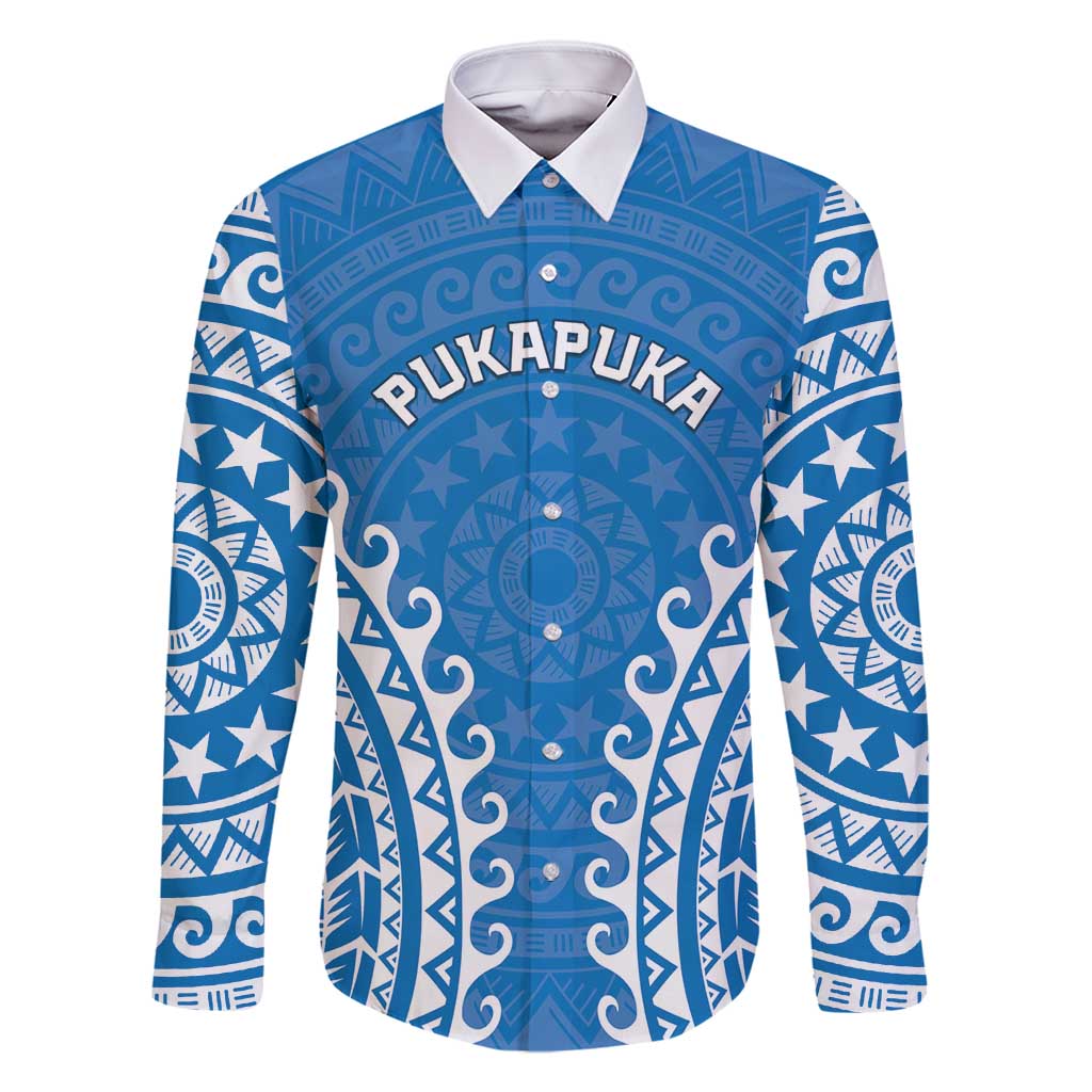 Custom Cook Islands Pukapuka Family Matching Mermaid Dress and Hawaiian Shirt Polynesian Tribal Tattoo LT05 Dad's Shirt - Long Sleeve Blue - Polynesian Pride