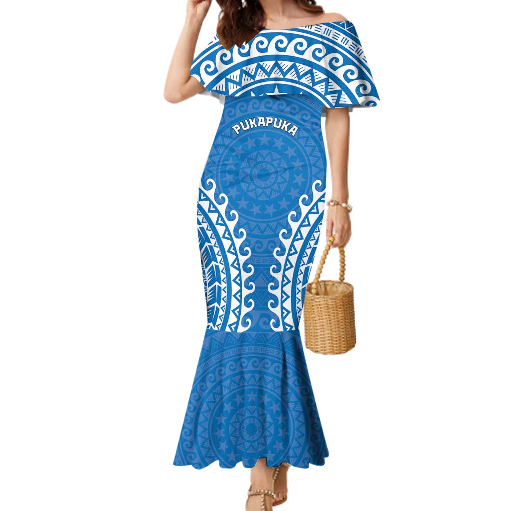 Custom Cook Islands Pukapuka Family Matching Mermaid Dress and Hawaiian Shirt Polynesian Tribal Tattoo LT05 Mom's Dress Blue - Polynesian Pride