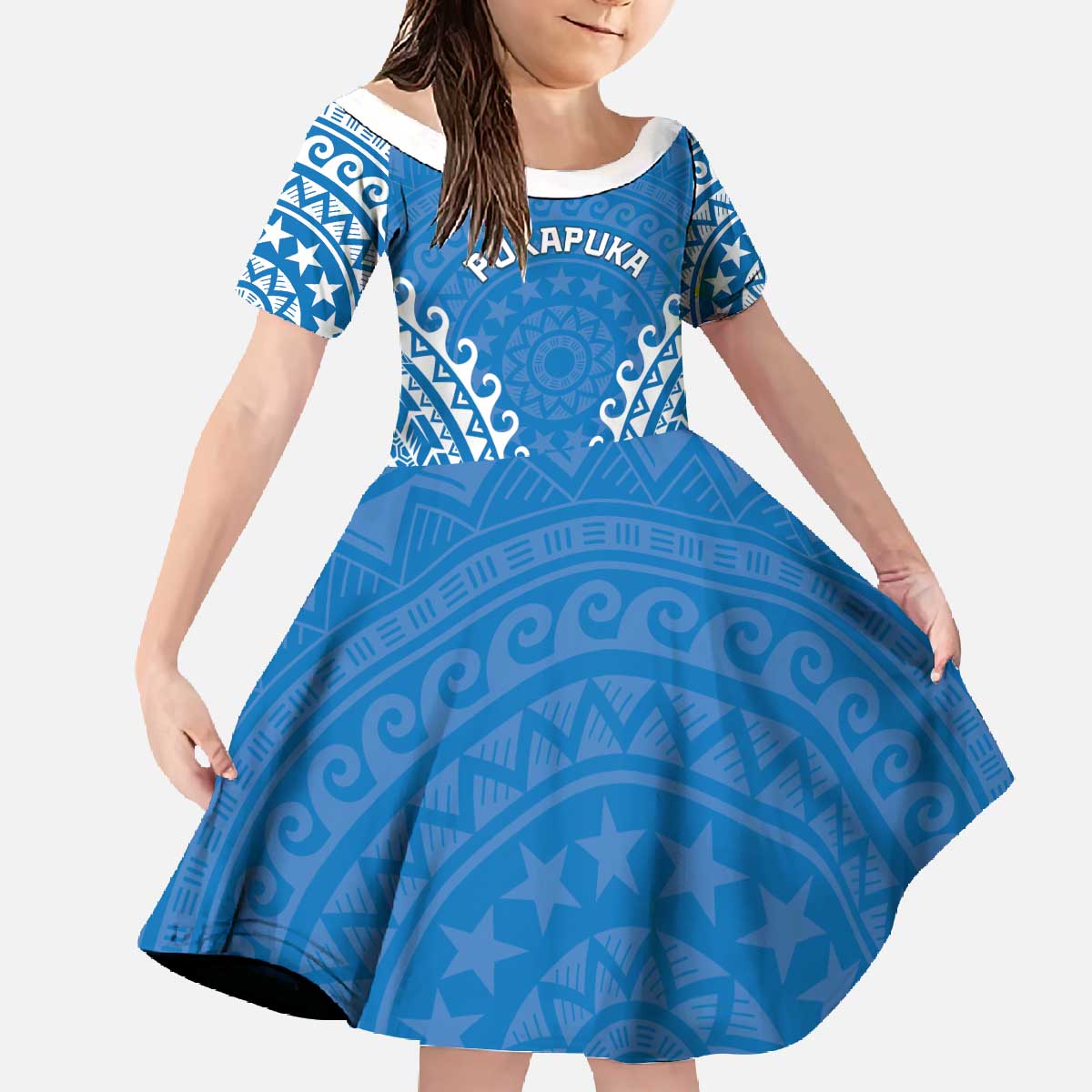 Custom Cook Islands Pukapuka Family Matching Off The Shoulder Long Sleeve Dress and Hawaiian Shirt Polynesian Tribal Tattoo LT05 Daughter's Dress Blue - Polynesian Pride