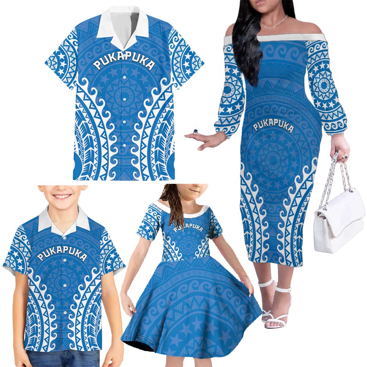 Custom Cook Islands Pukapuka Family Matching Off The Shoulder Long Sleeve Dress and Hawaiian Shirt Polynesian Tribal Tattoo LT05 - Polynesian Pride