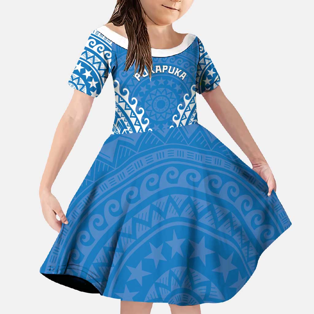 Custom Cook Islands Pukapuka Family Matching Off Shoulder Maxi Dress and Hawaiian Shirt Polynesian Tribal Tattoo LT05 Daughter's Dress Blue - Polynesian Pride