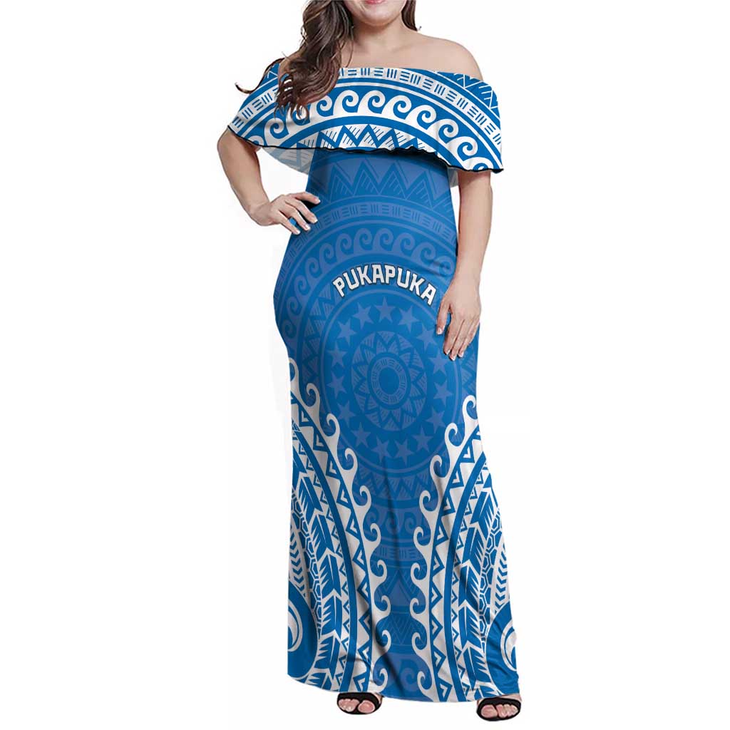 Custom Cook Islands Pukapuka Family Matching Off Shoulder Maxi Dress and Hawaiian Shirt Polynesian Tribal Tattoo LT05 Mom's Dress Blue - Polynesian Pride