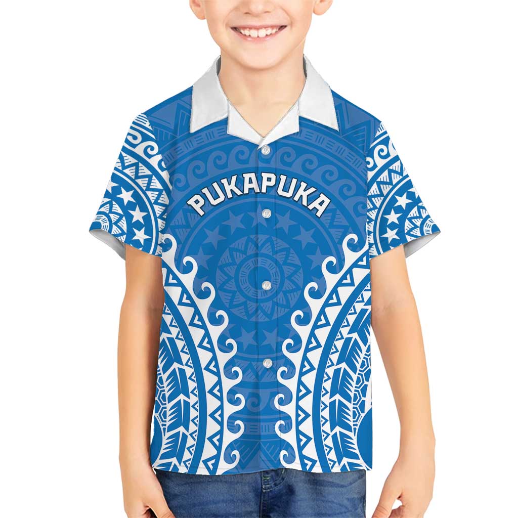Custom Cook Islands Pukapuka Family Matching Off Shoulder Short Dress and Hawaiian Shirt Polynesian Tribal Tattoo LT05 Son's Shirt Blue - Polynesian Pride