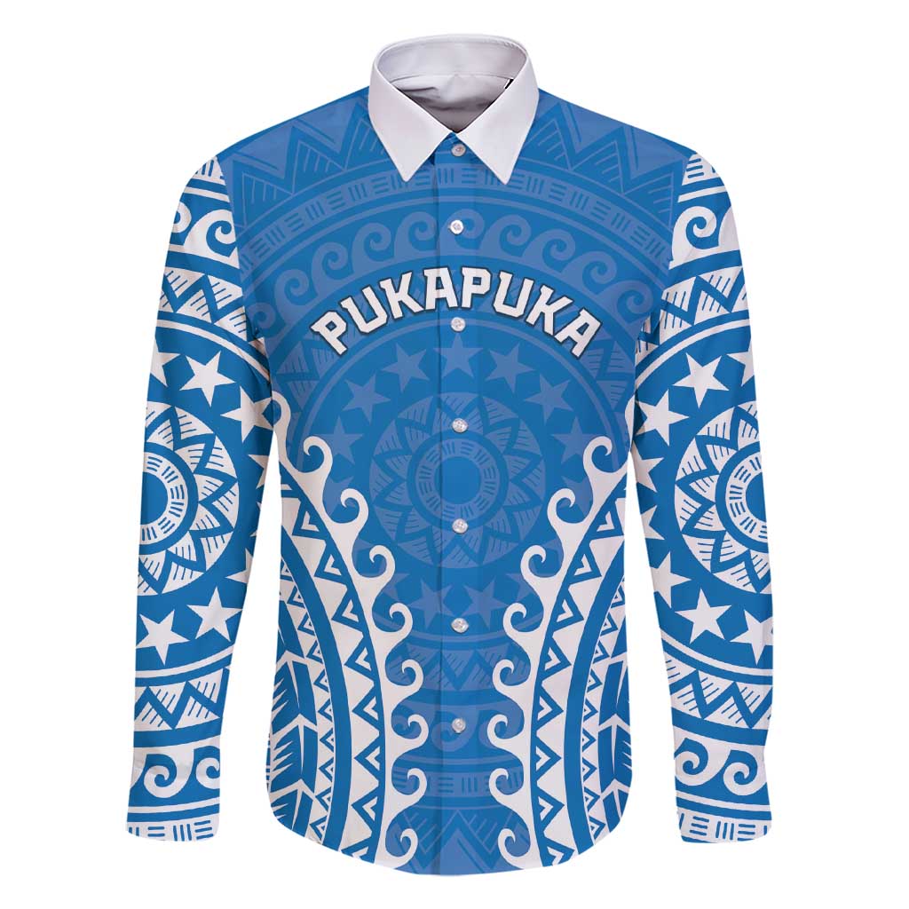 Custom Cook Islands Pukapuka Family Matching Short Sleeve Bodycon Dress and Hawaiian Shirt Polynesian Tribal Tattoo LT05 Dad's Shirt - Long Sleeve Blue - Polynesian Pride