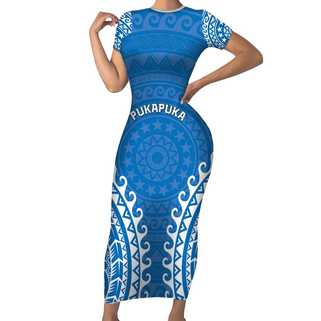 Custom Cook Islands Pukapuka Family Matching Short Sleeve Bodycon Dress and Hawaiian Shirt Polynesian Tribal Tattoo LT05 Mom's Dress Blue - Polynesian Pride