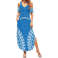 Custom Cook Islands Pukapuka Family Matching Summer Maxi Dress and Hawaiian Shirt Polynesian Tribal Tattoo LT05 Mom's Dress Blue - Polynesian Pride