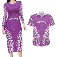 Custom Cook Islands Mangaia Couples Matching Long Sleeve Bodycon Dress and Hawaiian Shirt Polynesian Tribal Tattoo LT05 Pink - Polynesian Pride