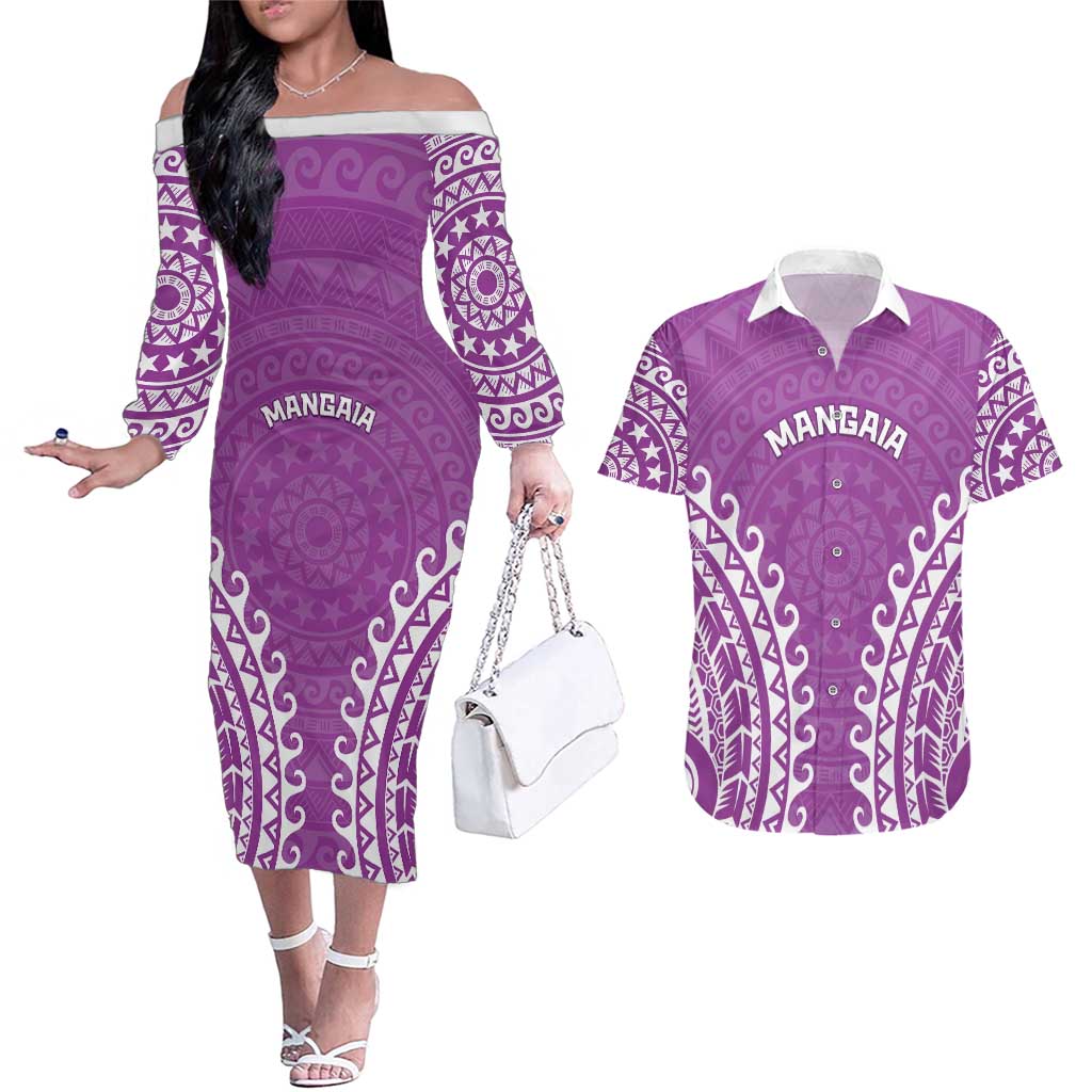 Custom Cook Islands Mangaia Couples Matching Off The Shoulder Long Sleeve Dress and Hawaiian Shirt Polynesian Tribal Tattoo LT05 Pink - Polynesian Pride