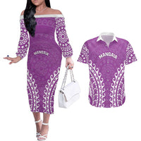 Custom Cook Islands Mangaia Couples Matching Off The Shoulder Long Sleeve Dress and Hawaiian Shirt Polynesian Tribal Tattoo LT05 Pink - Polynesian Pride