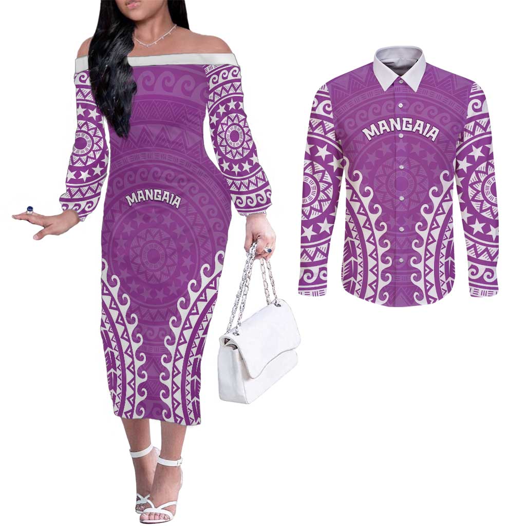 Custom Cook Islands Mangaia Couples Matching Off The Shoulder Long Sleeve Dress and Long Sleeve Button Shirt Polynesian Tribal Tattoo