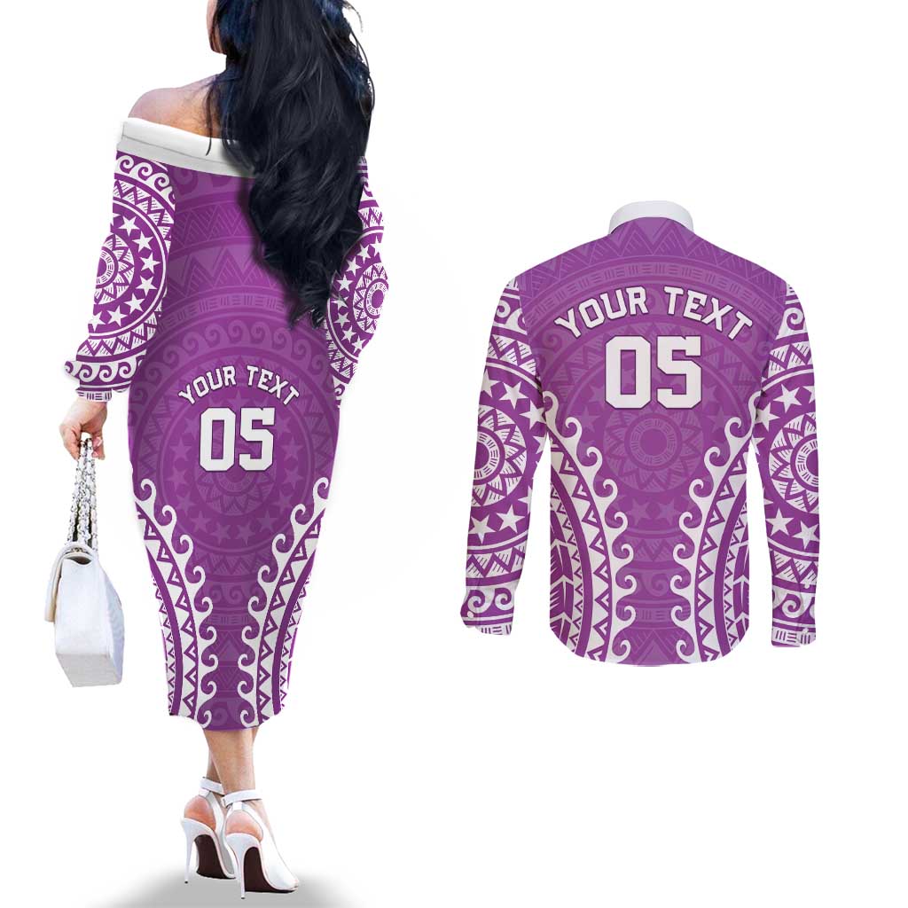 Custom Cook Islands Mangaia Couples Matching Off The Shoulder Long Sleeve Dress and Long Sleeve Button Shirt Polynesian Tribal Tattoo