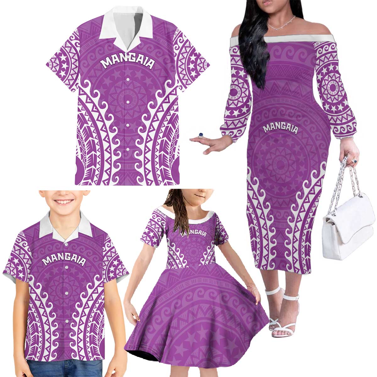 Custom Cook Islands Mangaia Family Matching Off The Shoulder Long Sleeve Dress and Hawaiian Shirt Polynesian Tribal Tattoo LT05 - Polynesian Pride