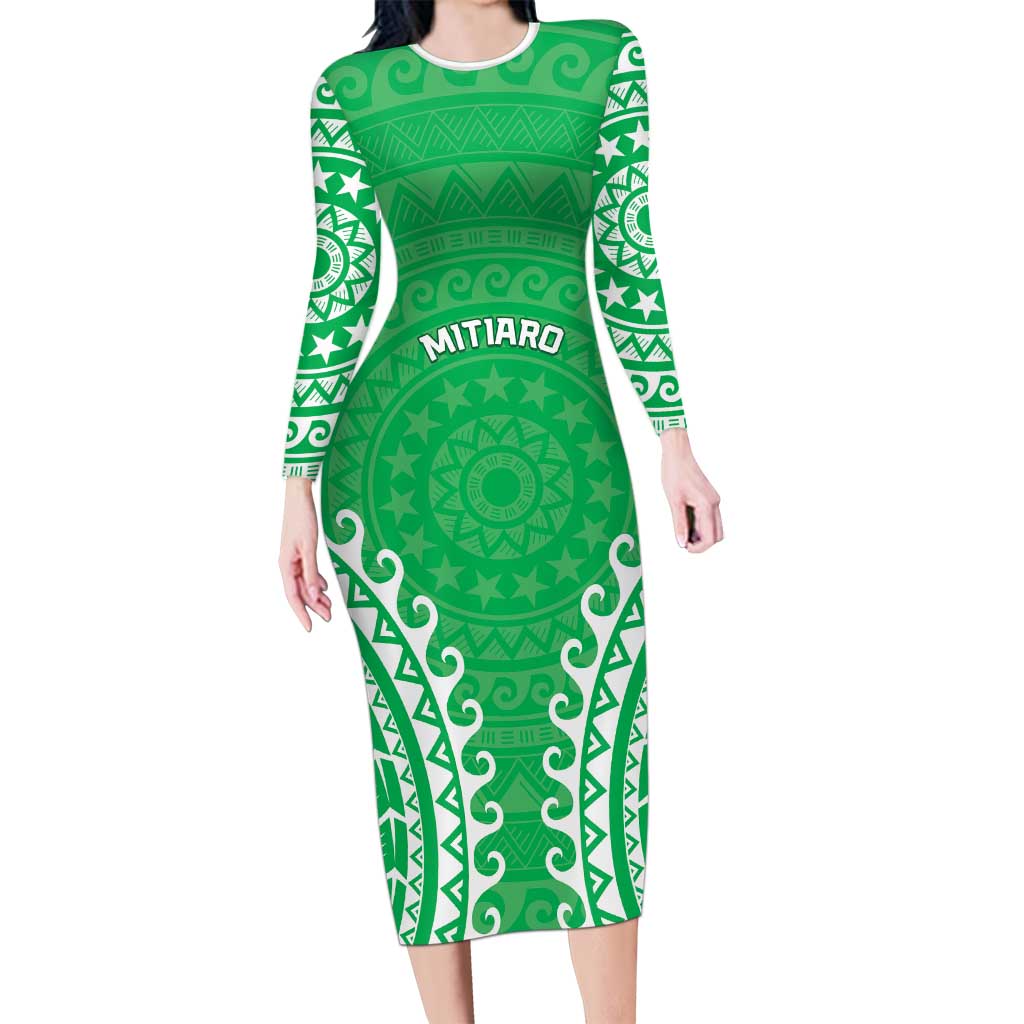 Custom Cook Islands Mitiaro Family Matching Long Sleeve Bodycon Dress and Hawaiian Shirt Polynesian Tribal Tattoo LT05 Mom's Dress Green - Polynesian Pride