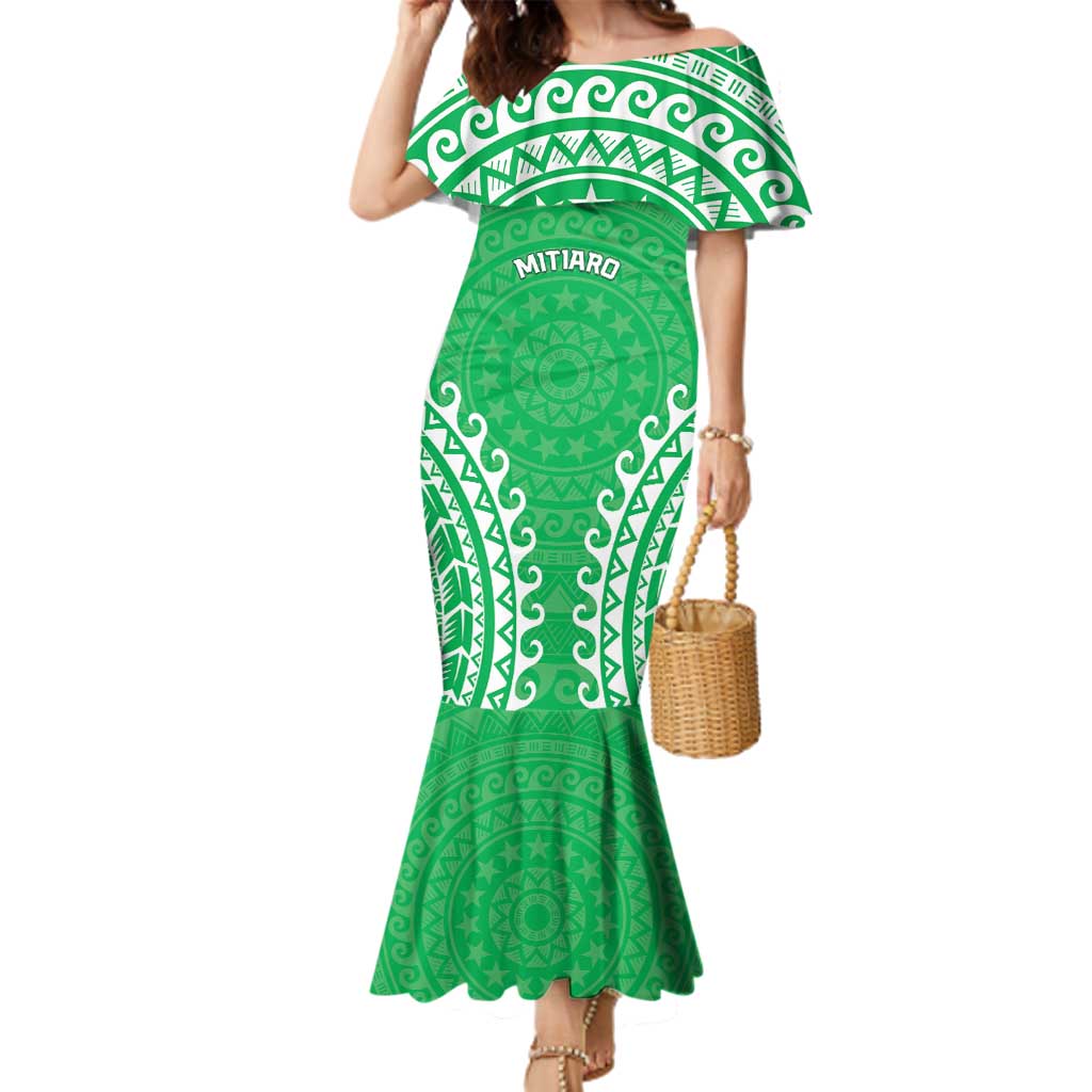 Custom Cook Islands Mitiaro Family Matching Mermaid Dress and Hawaiian Shirt Polynesian Tribal Tattoo LT05 Mom's Dress Green - Polynesian Pride
