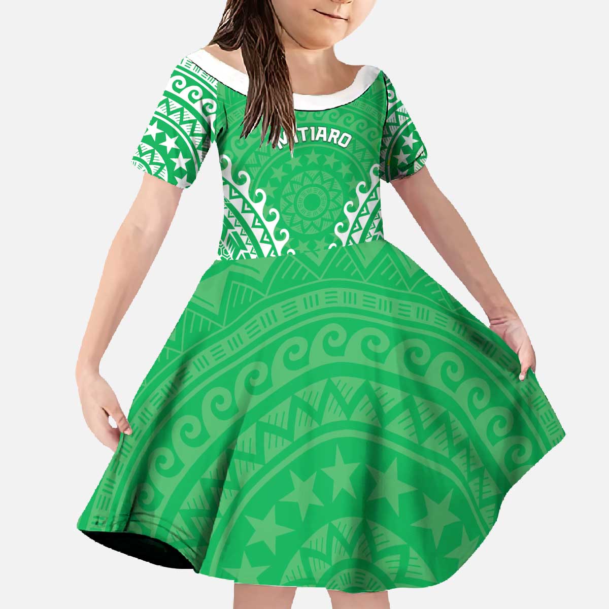 Custom Cook Islands Mitiaro Family Matching Off The Shoulder Long Sleeve Dress and Hawaiian Shirt Polynesian Tribal Tattoo LT05 Daughter's Dress Green - Polynesian Pride