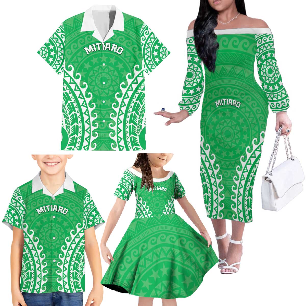 Custom Cook Islands Mitiaro Family Matching Off The Shoulder Long Sleeve Dress and Hawaiian Shirt Polynesian Tribal Tattoo LT05 - Polynesian Pride